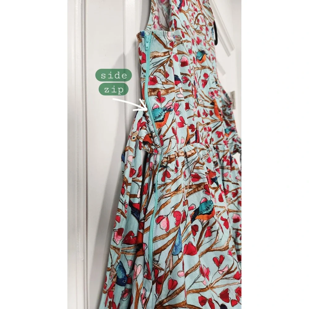 Retrolicious Women 3X Bird Print Fit Flare Spring Dress Side Zip 100% Cotton USA - Picture 6 of 12